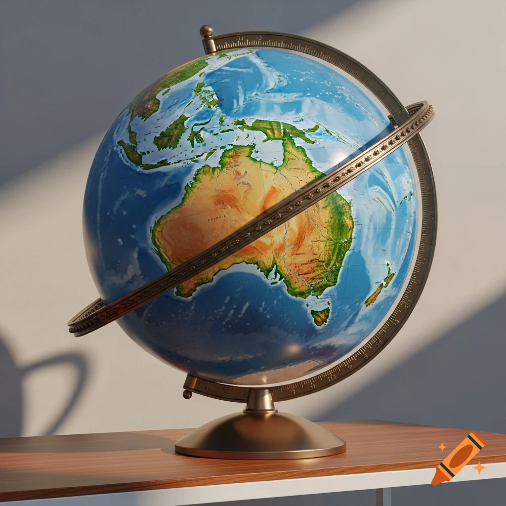 A detailed world globe, focused on Australia, with a bronze meridian ring and stand, casting shadows on a white wall.
