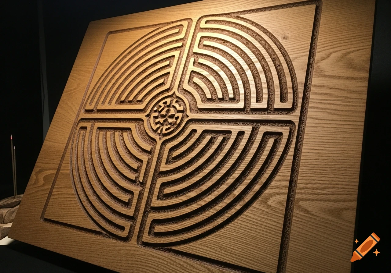 A close-up, angled view of a rectangular light-colored wood panel with a circular, intricate maze carved into it.