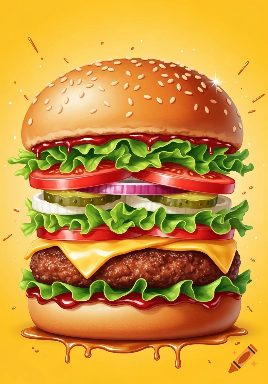 Vibrant illustration of a towering burger with lettuce, tomato, onion, pickles, cheese, and a beef patty, with sauce dripping.