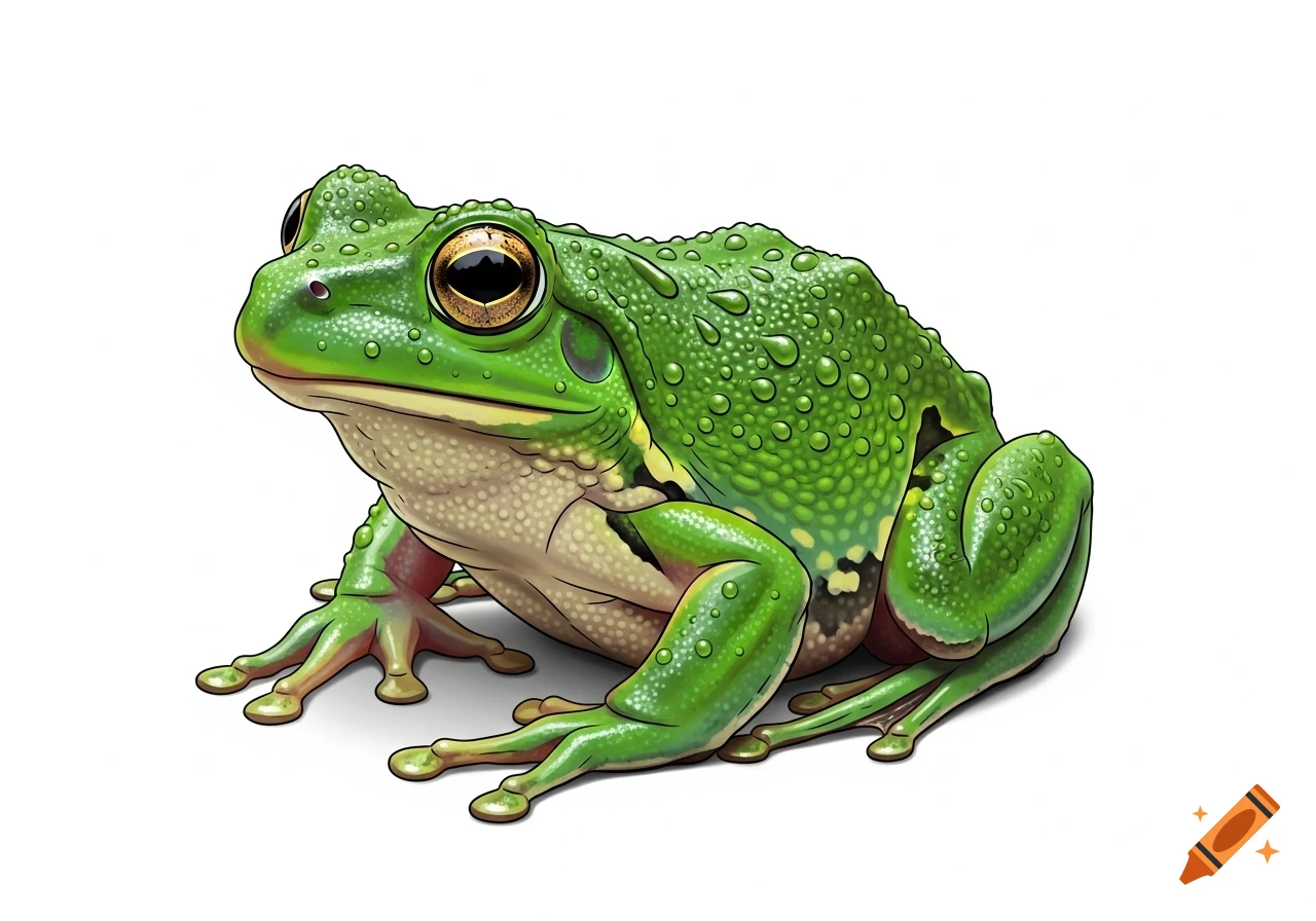 A vibrant green frog with textured skin and small water droplets, sitting on a pure white background in an illustrative style.