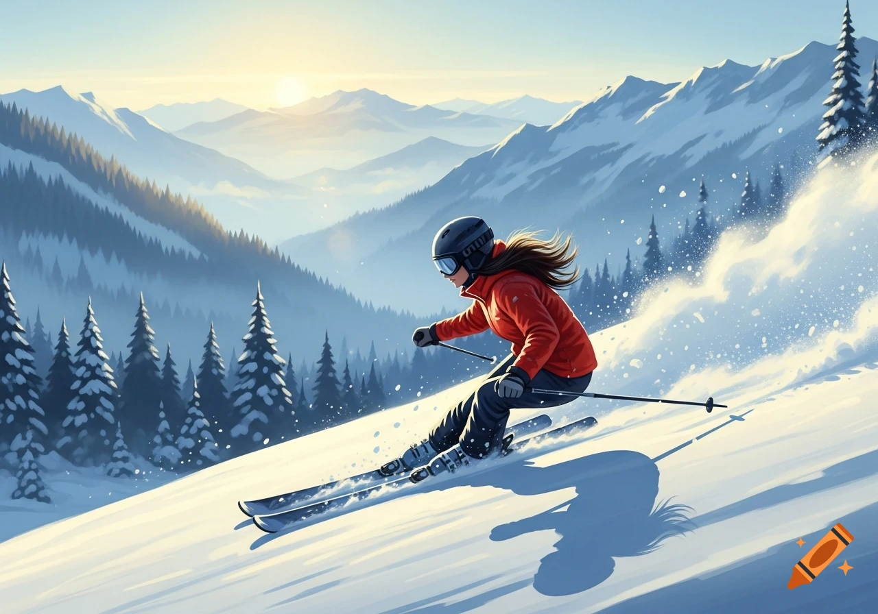 Stylized illustration of a woman skiing down a sunny, snow-covered mountain slope with pine trees.