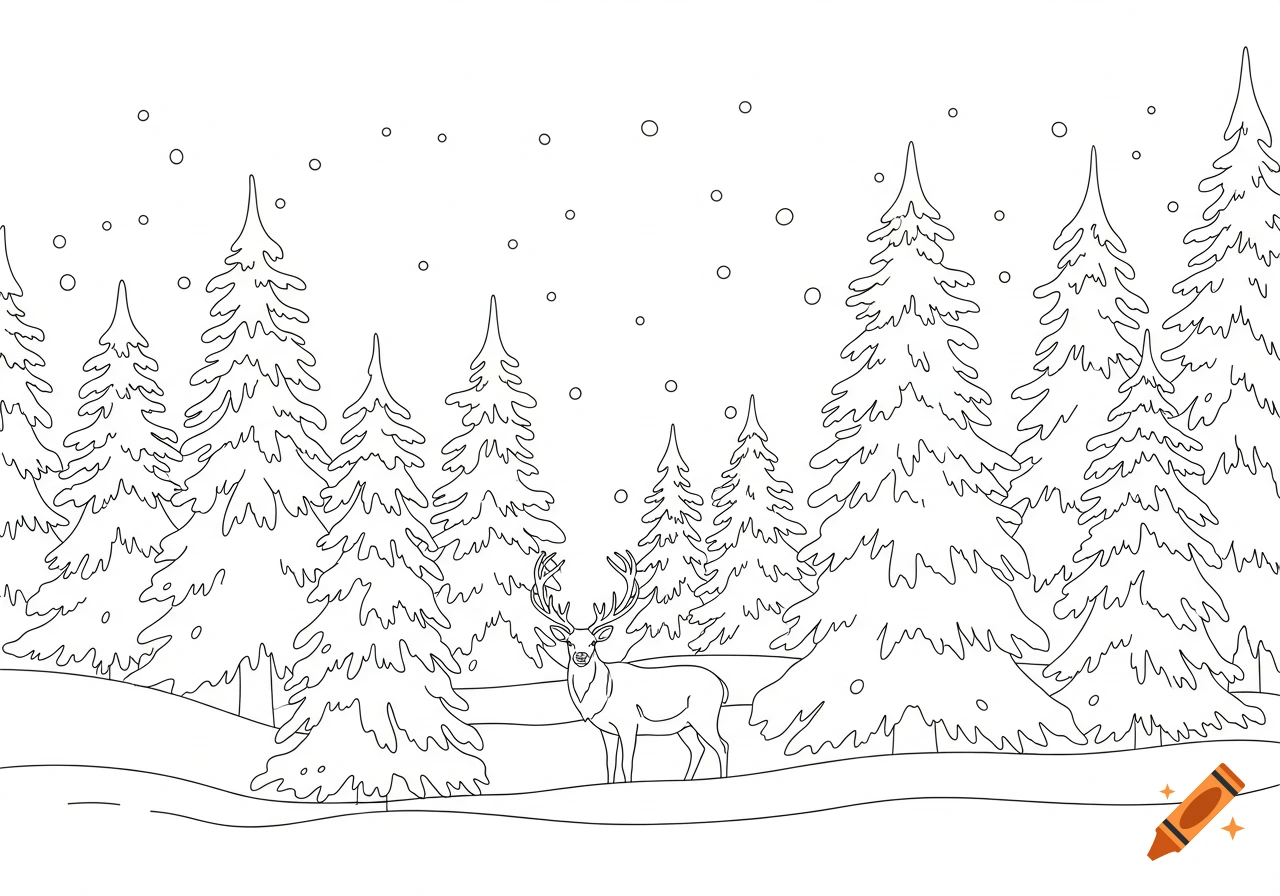 Line art drawing of a deer in a snowy winter forest with pine trees, suitable for a coloring page.