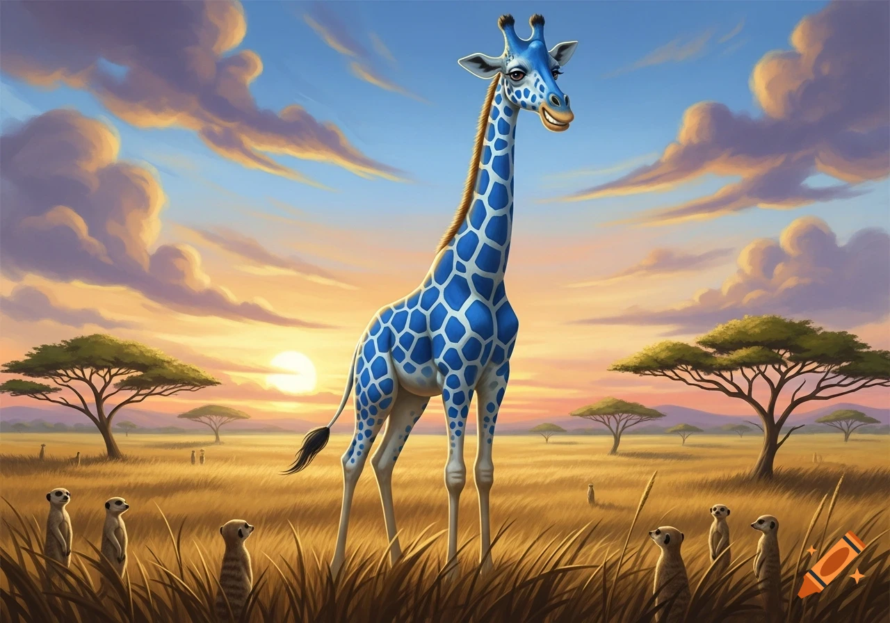 A cartoon blue giraffe with white spots grins mischievously, standing in a golden savanna with meerkats looking up at it, under a sunset sky.