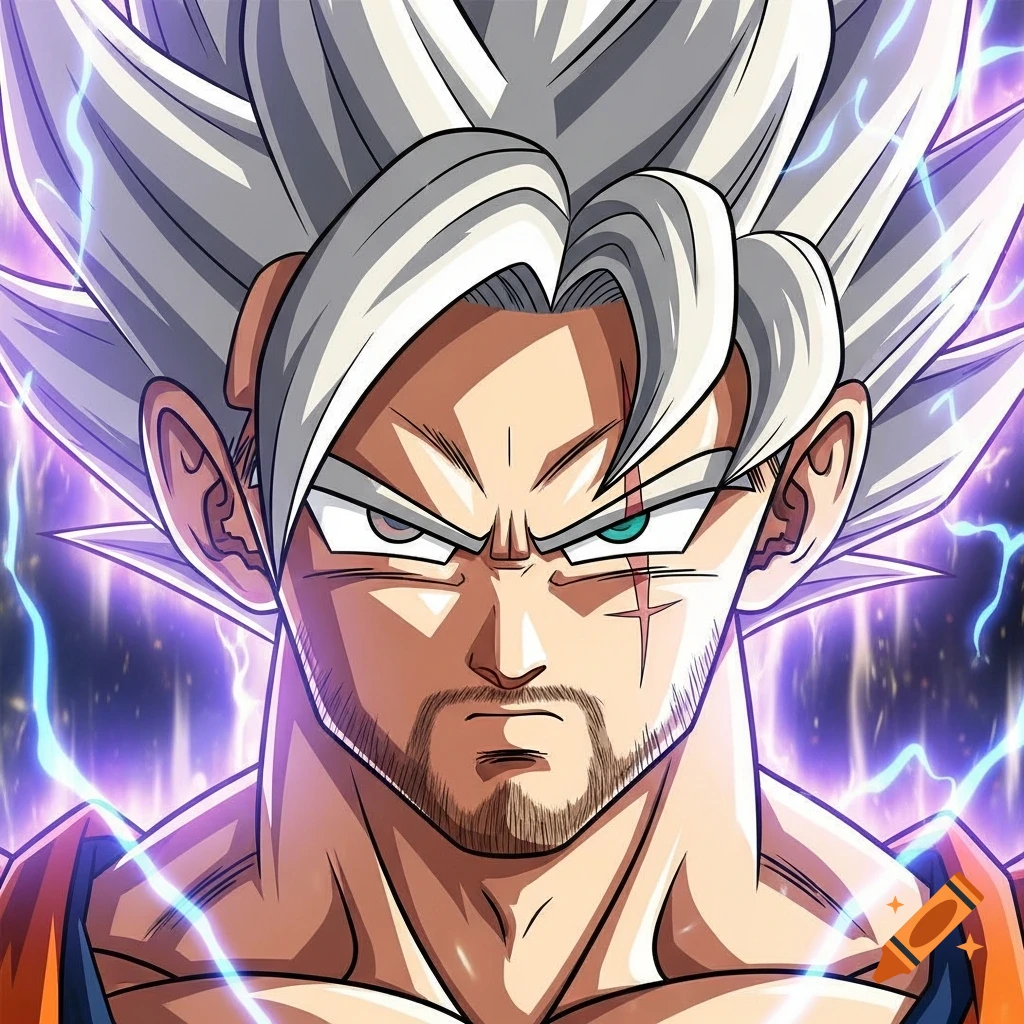 Close-up anime portrait of a male character with white spiky hair, a beard, a scar on his left cheek, and a serious expression, surrounded by purple and blue electrical energy.