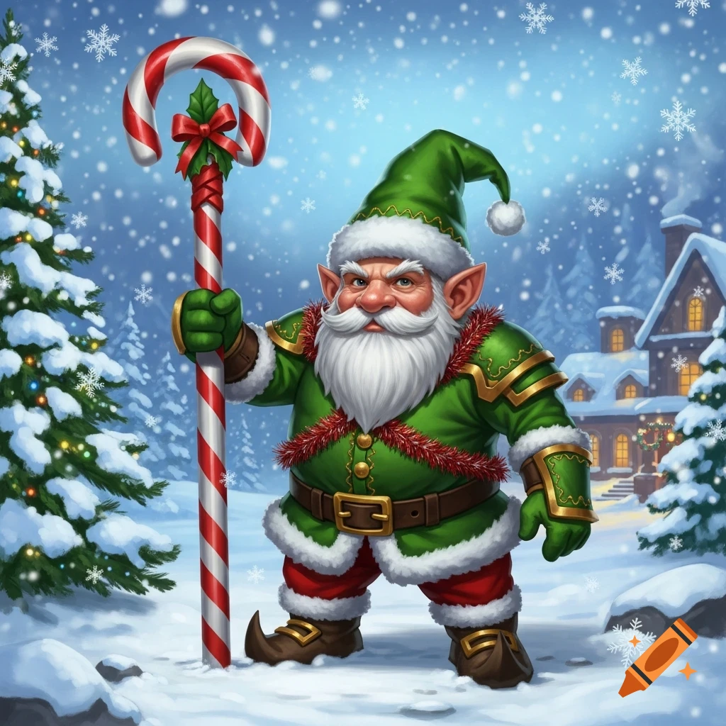 A heavily-bearded gnome in a green elf costume, holding a giant candy cane staff, stands in a snowy Christmas village.