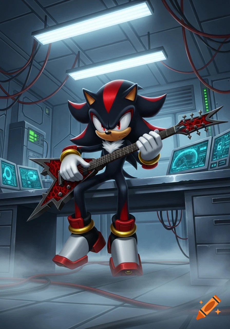 Shadow the Hedgehog plays a red death metal guitar while sitting on a lab bench in a futuristic laboratory.