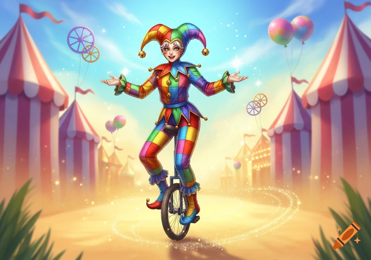 A whimsical, colorful jester riding a unicycle on sparkling ground at a vibrant circus with striped tents, in an illustration style.