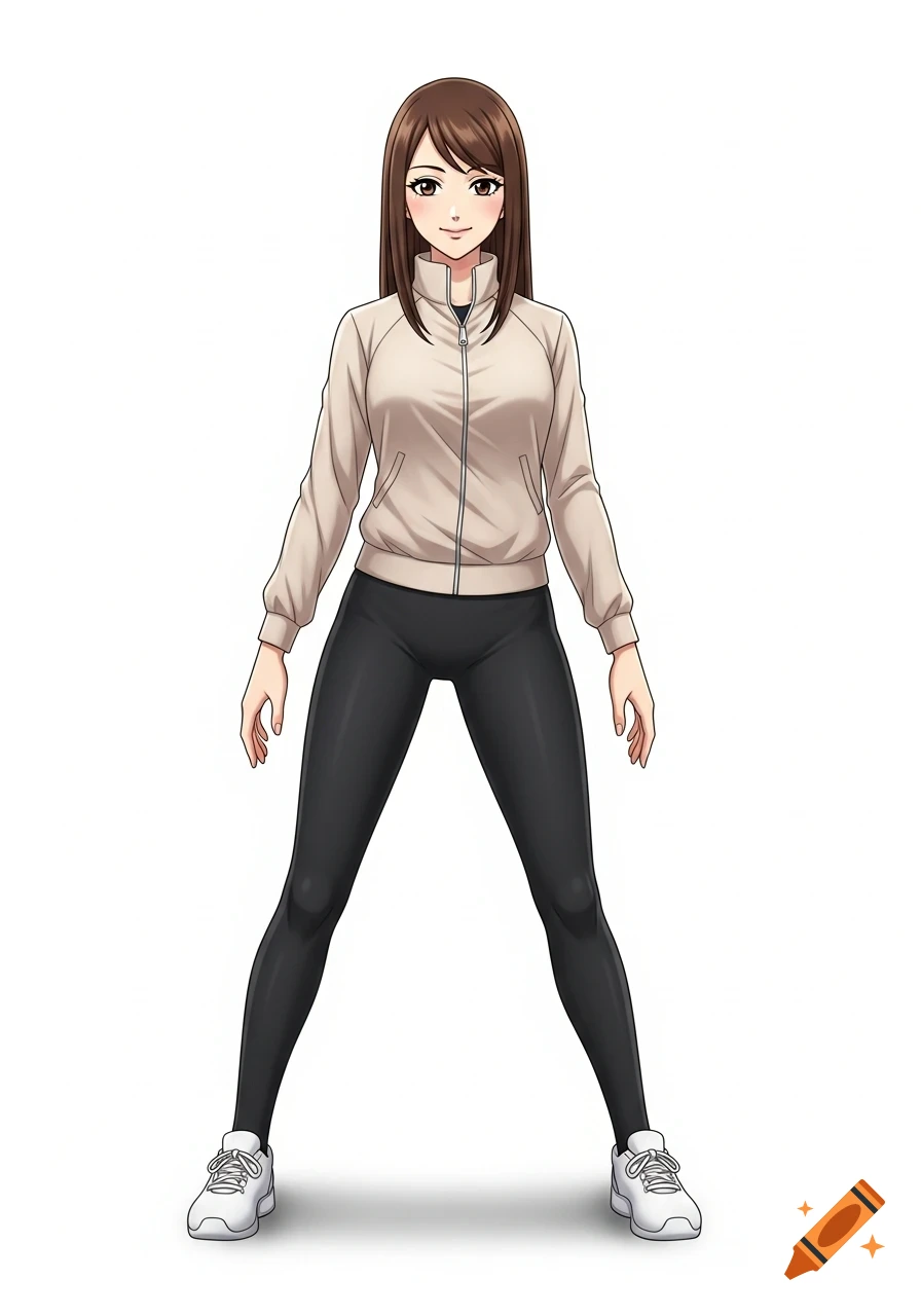 A happy adult anime woman standing full body, wearing a beige jacket, black leggings, and white sport shoes.