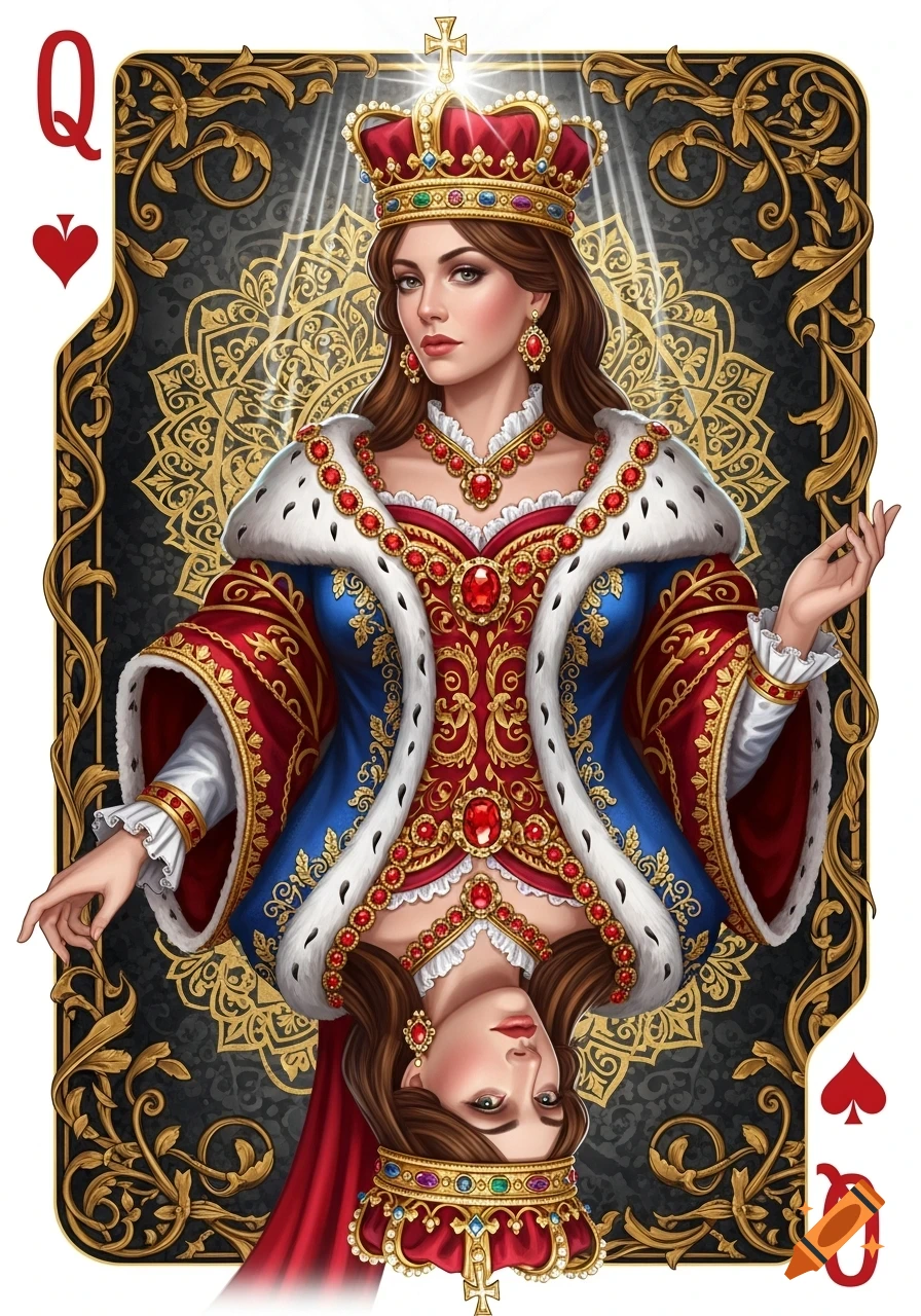 A stylized playing card depicts a regal Queen of Spades in a red and blue bejeweled gown and crown, mirrored upside down, against a black and gold ornate background.