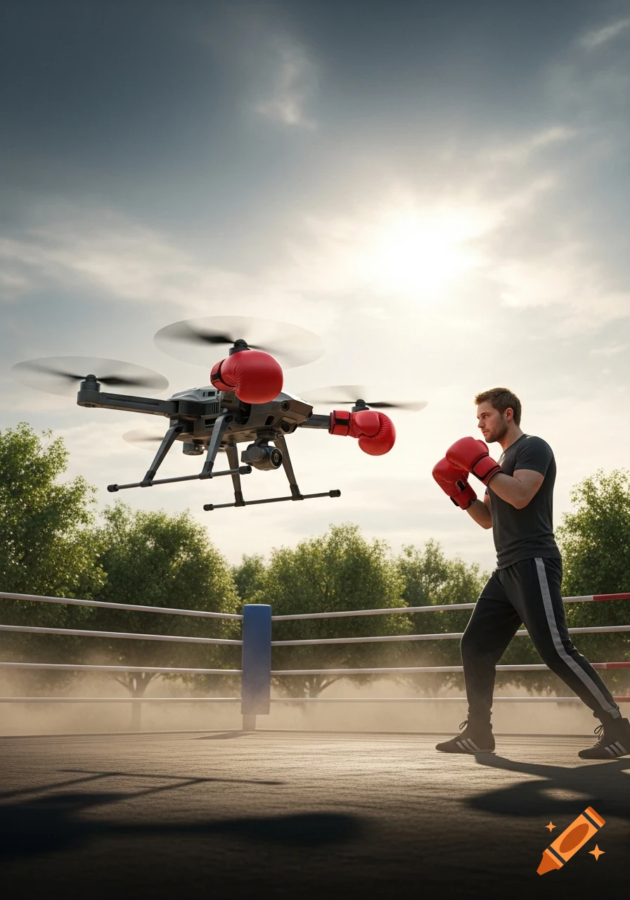 A man in boxing gloves faces a drone with boxing gloves in a boxing ring outdoors, under a bright sky.
