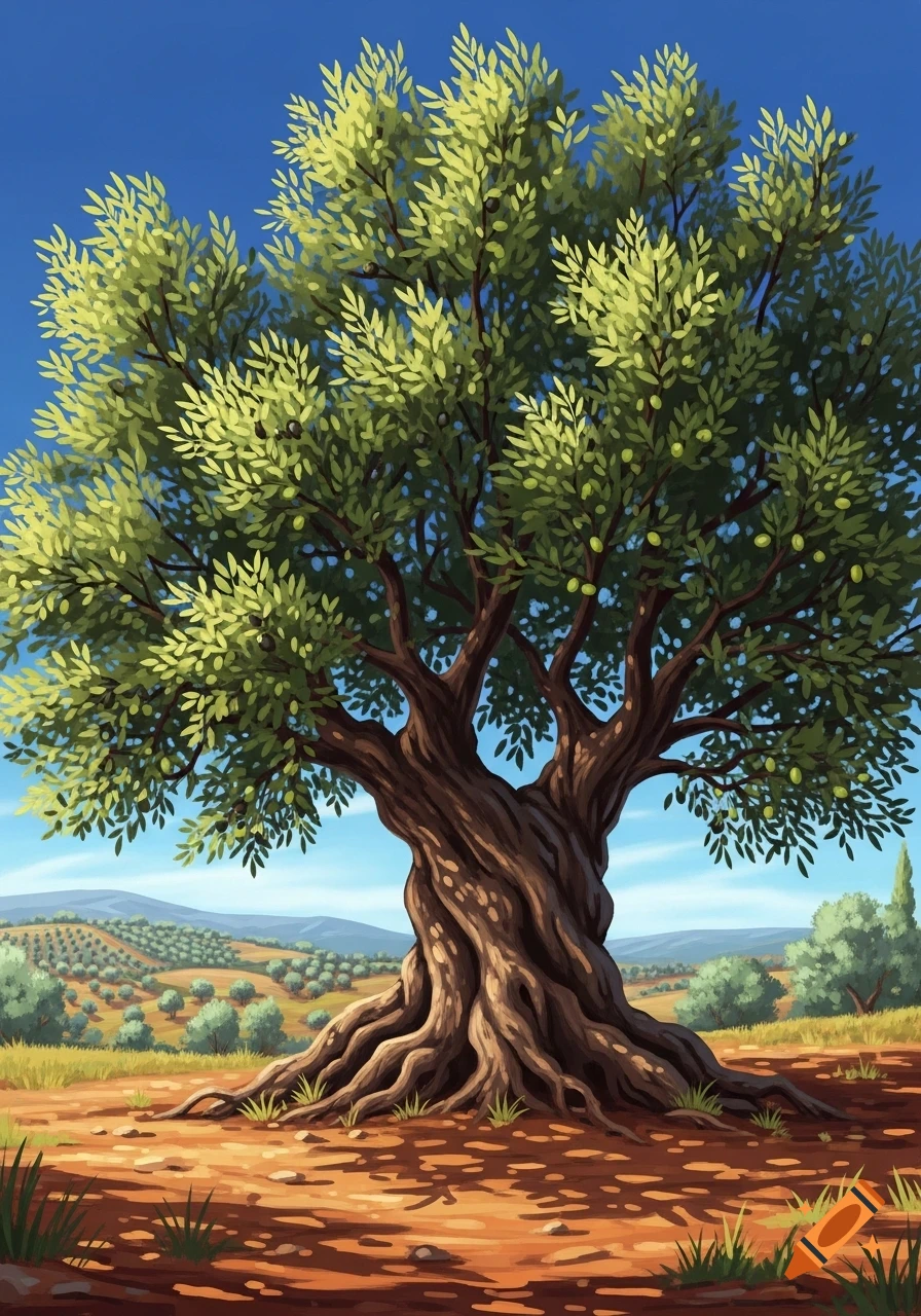 An illustrative drawing of a gnarled olive tree with green leaves and olives, standing in a field with an olive grove and hills in the background under a blue sky.