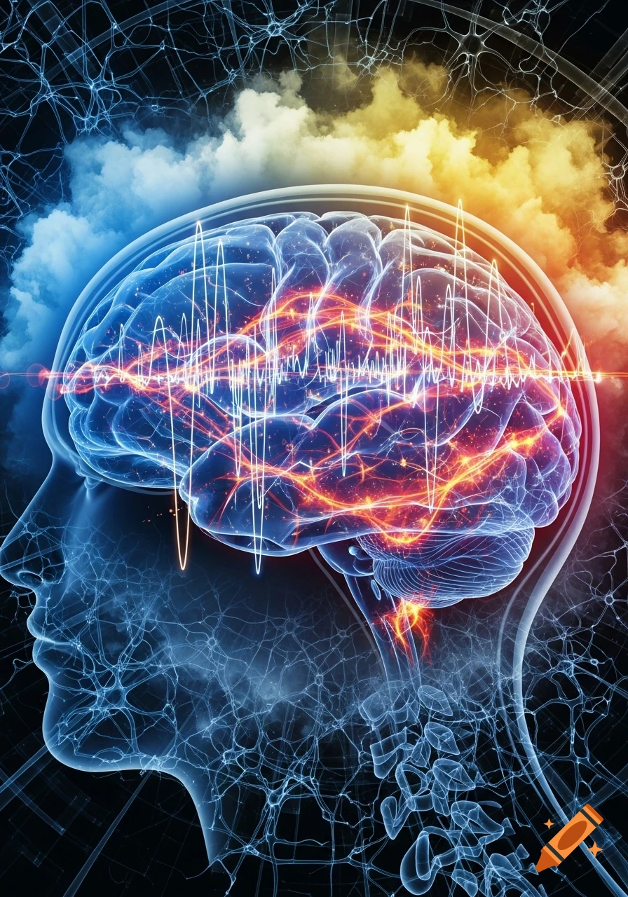A translucent human head profile shows a glowing blue brain with red and orange electrical impulses and white waveform patterns. Neural networks are in the background.