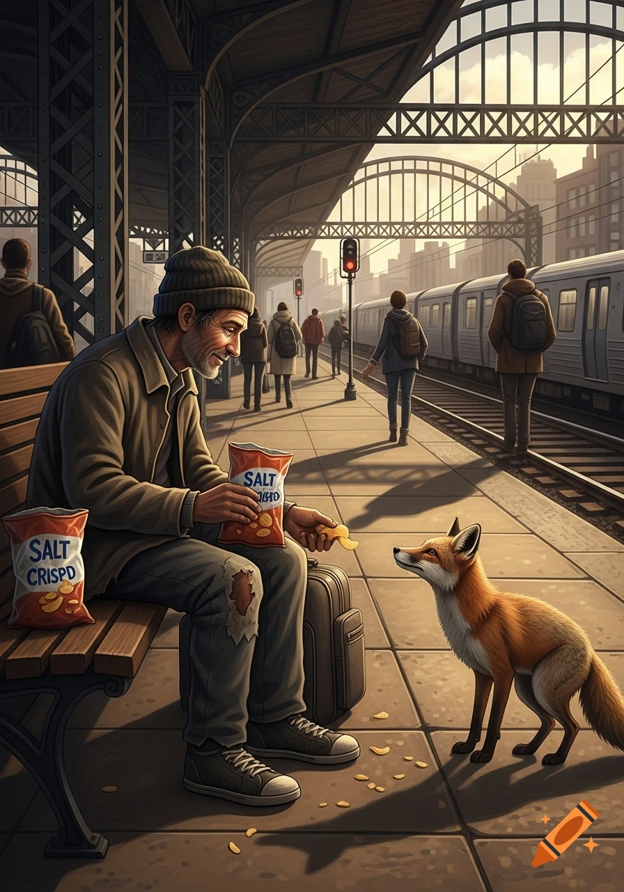 A grizzled man sits on a bench at a train station, smiling as he feeds chips from a bag to an urban fox.