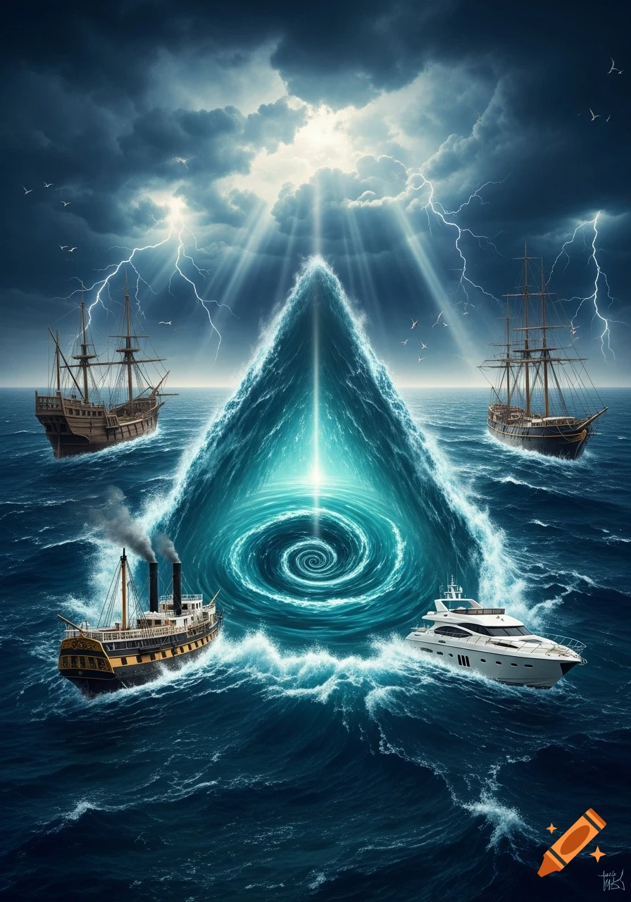 A dramatic, fantastical scene of a triangular glowing vortex in a stormy ocean, with a sailing ship, a steamer, and a modern yacht under lightning clouds.