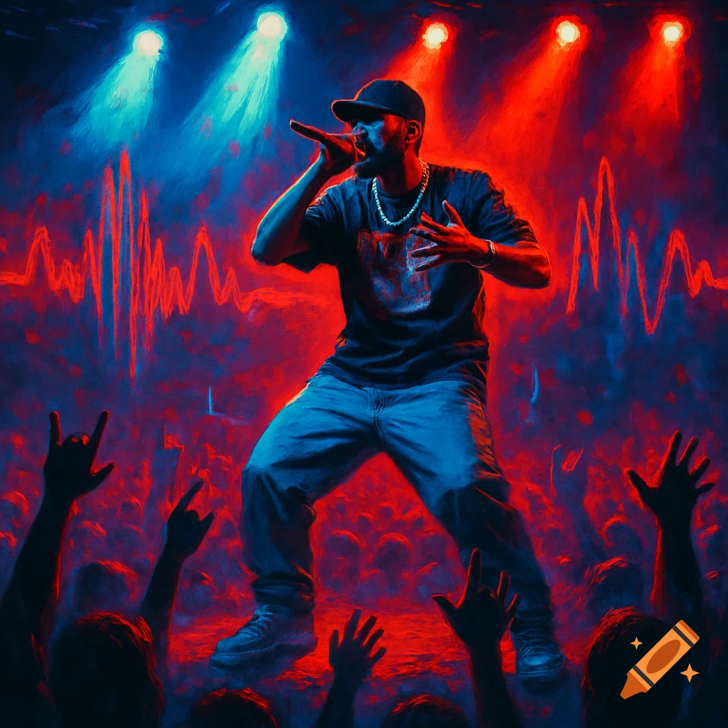 A male rapper performs on stage under vibrant red and blue spotlights ...