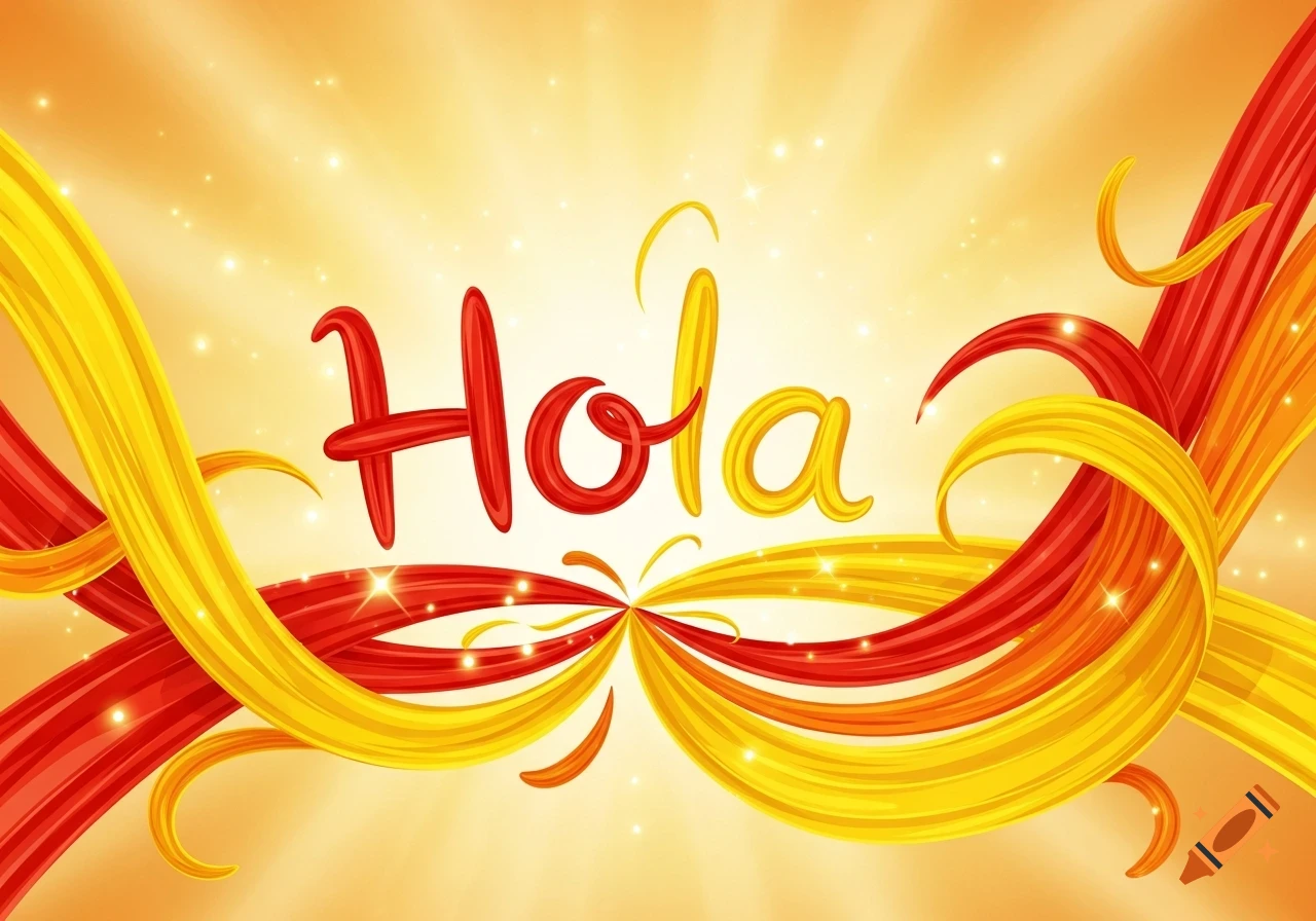 The word "Hola" in bold red and yellow stylized text with flowing ribbons against a glowing orange and yellow background with sparkles.