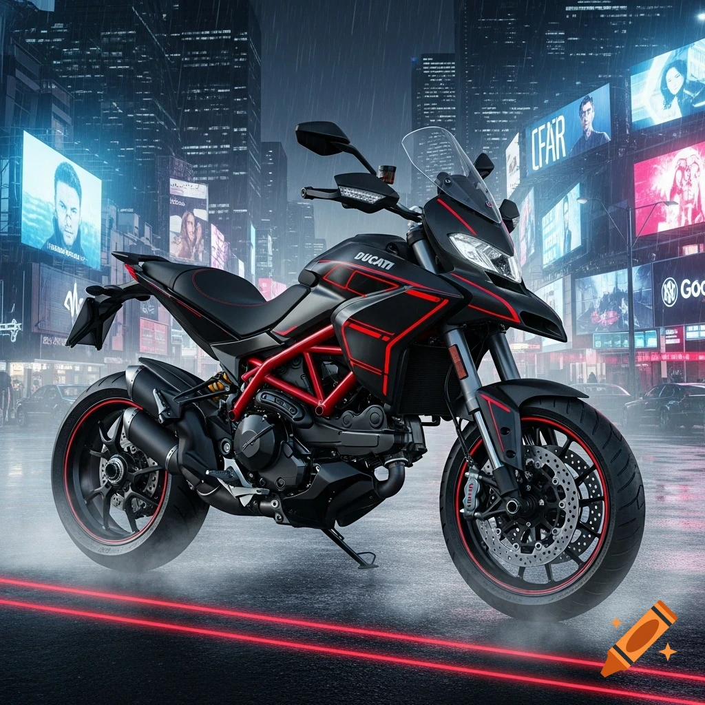A matte black and red Ducati Hyperstrada motorcycle parked on a wet street at night in a futuristic cyberpunk city with neon billboards and rain.