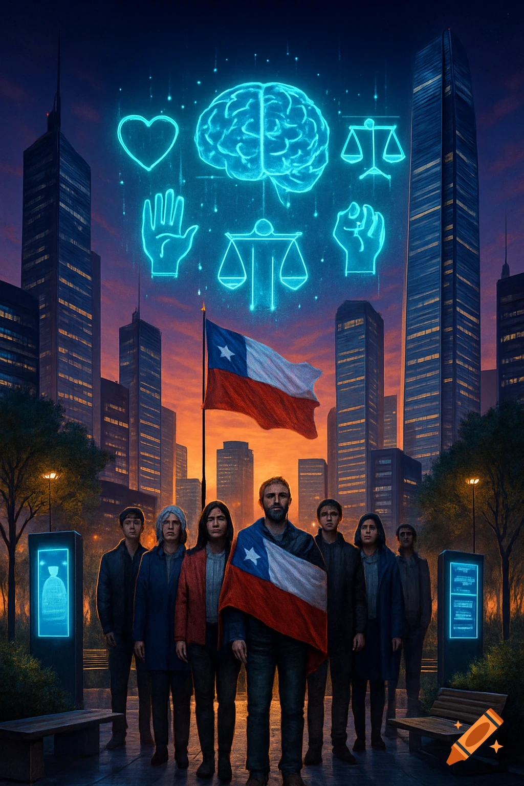 A diverse group of people stand with the Chilean flag in a futuristic city at sunset, surrounded by glowing neon symbols of a brain, heart, hands, and scales of justice.