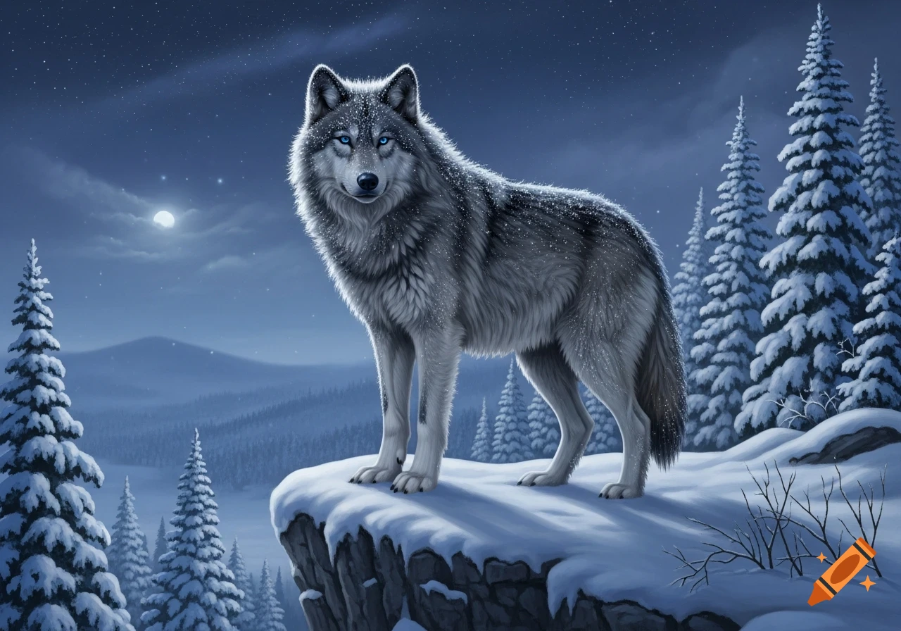 A gray wolf with blue eyes stands on a snowy cliff in a moonlit winter forest, digital illustration.