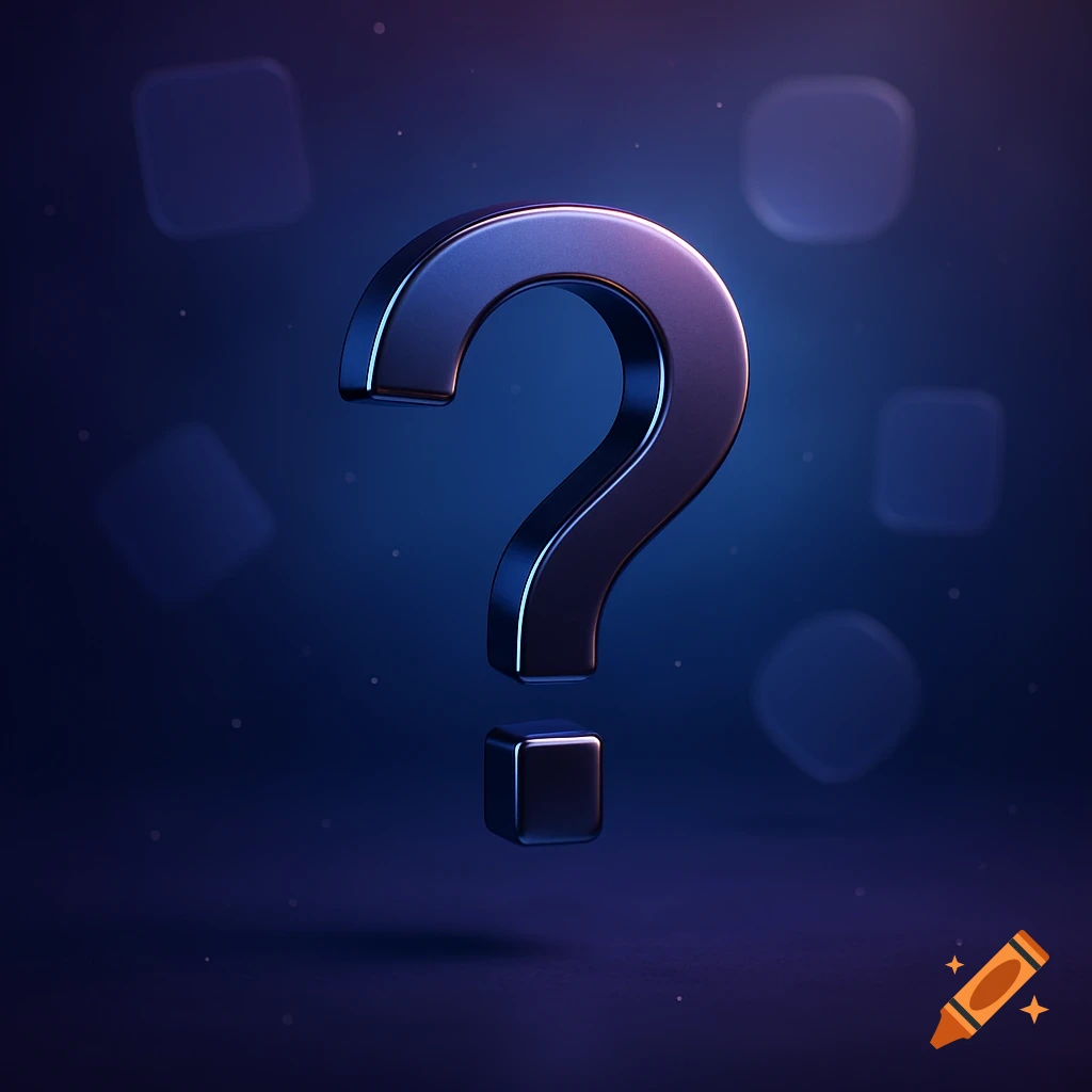 A sleek, dark blue metallic 3D question mark floats centrally against a blurred deep blue background with soft lighting and subtle bokeh effects.