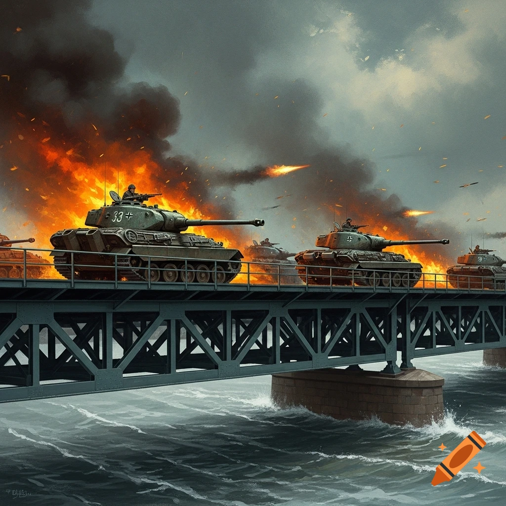 Oil painting of World War II tanks crossing a bridge under heavy fire with explosions and smoke.