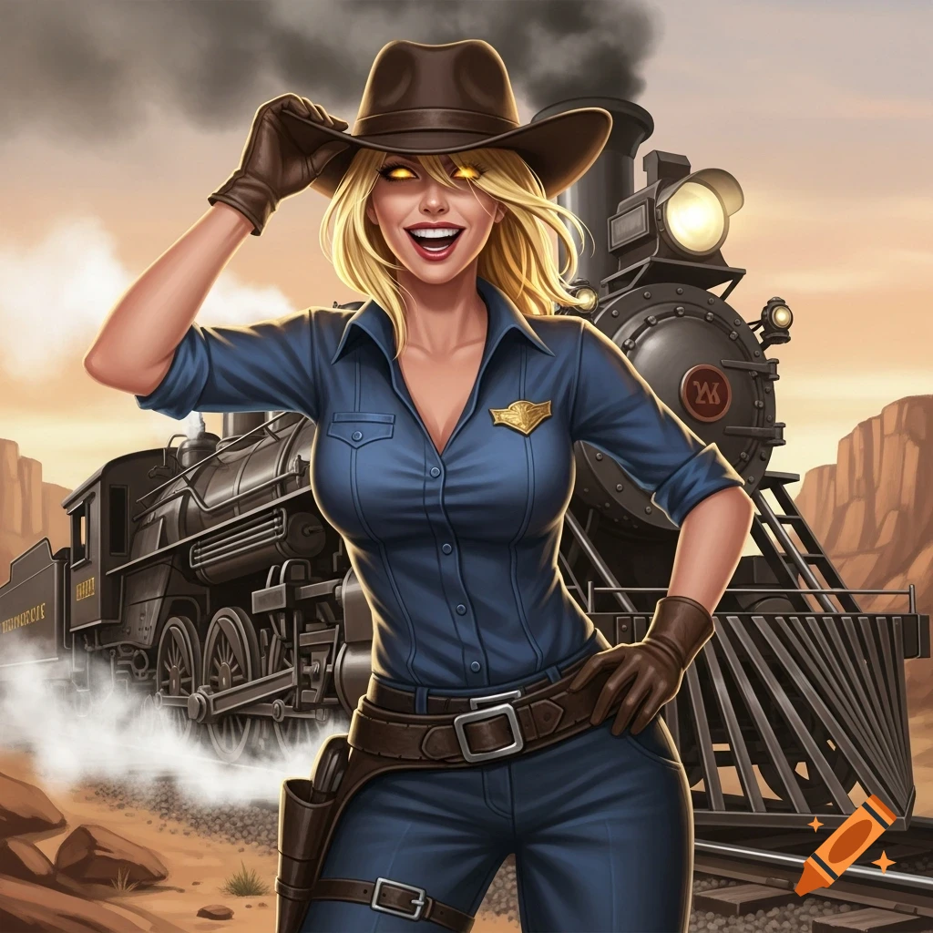 Smiling blonde cowgirl in a blue shirt, hat, and holster, with golden eyes, standing before two steam trains in a wild west desert.