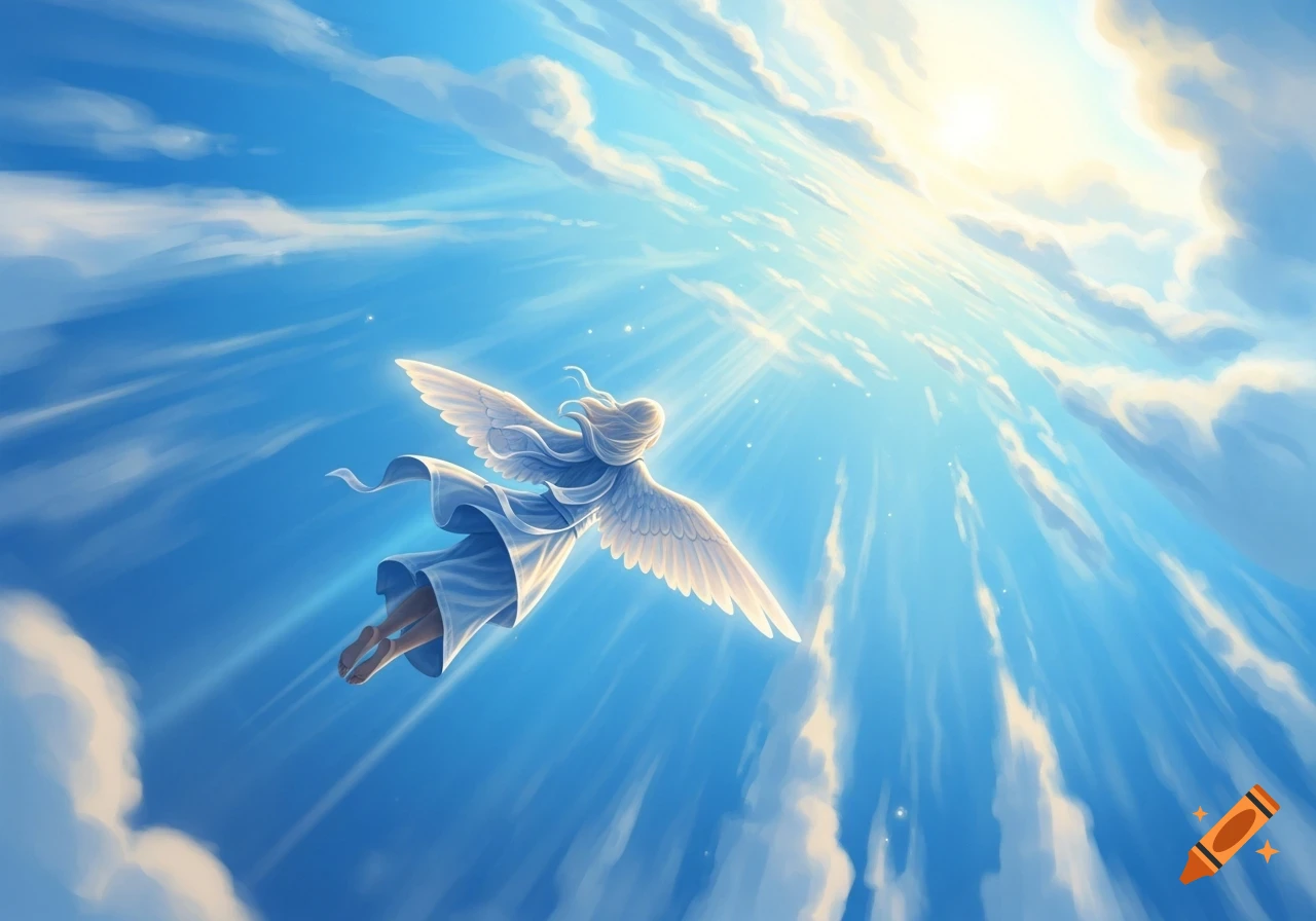 An angelic figure with white wings and flowing white robes flies up into a brilliant blue sky with clouds and sun rays, viewed from below.