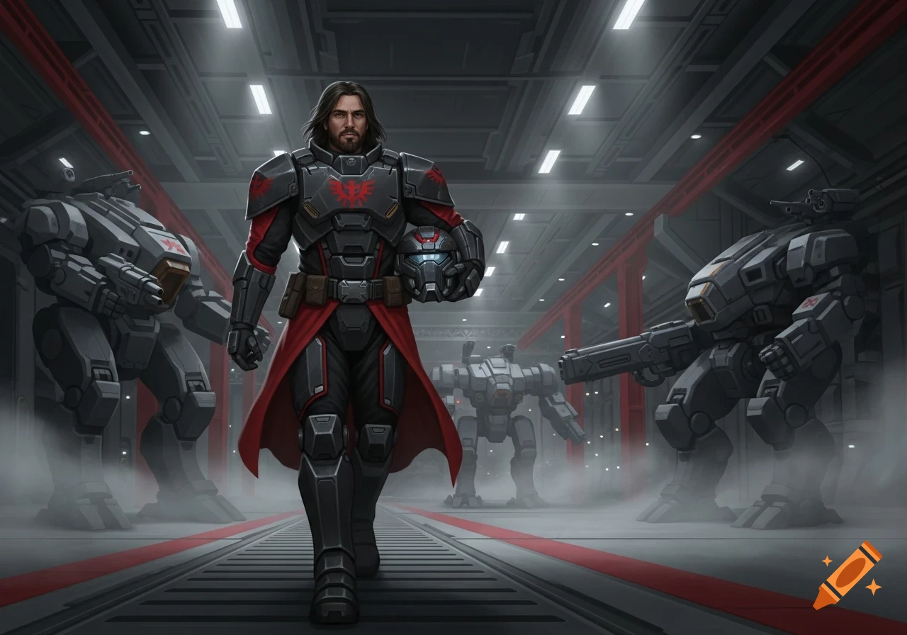 A futuristic armored mechwarrior with long hair and a beard walks through a hangar, holding his helmet, with mechs in the background.