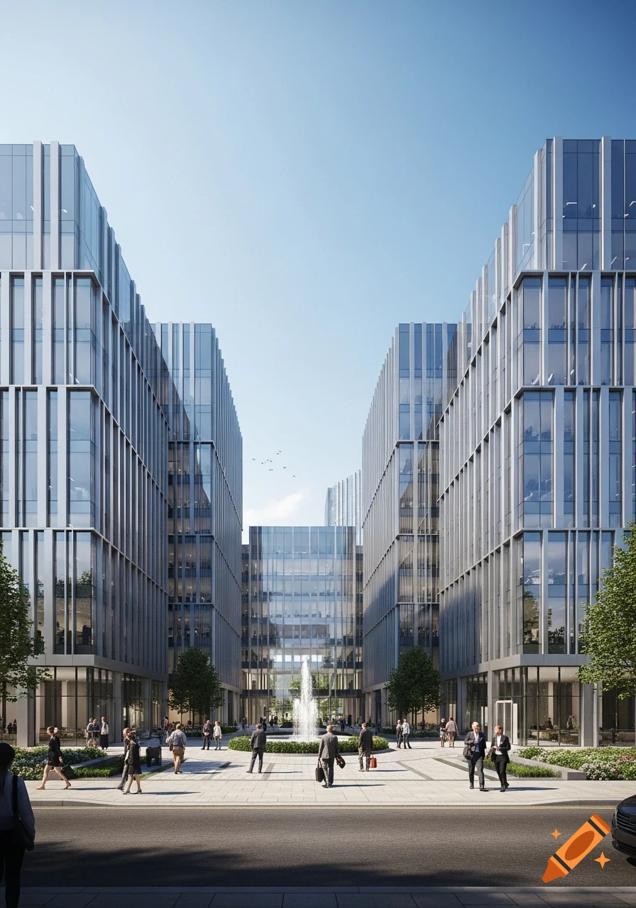 Photorealistic rendering of a modern business complex with sleek glass buildings, a central plaza with a fountain, and people walking.