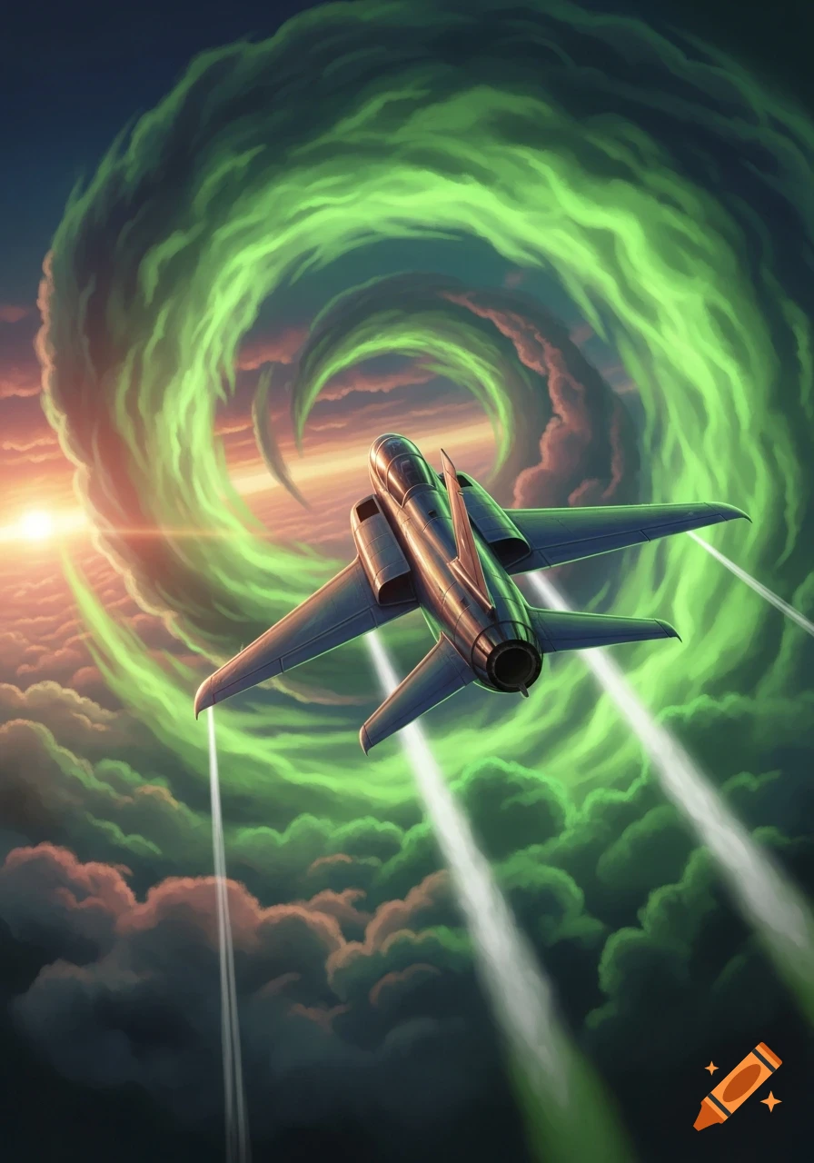 A sleek, futuristic jet plane flies upward through a dramatic green swirling cloud vortex at sunset.