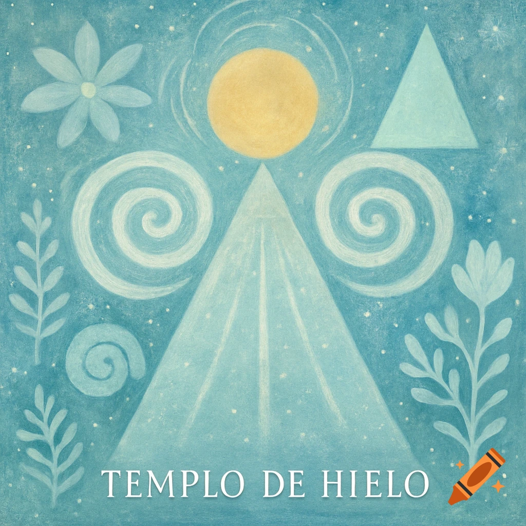 Abstract winter art in blue with a golden sun, triangles, spirals, and botanical motifs. Text: TEMPLO DE HIELO.