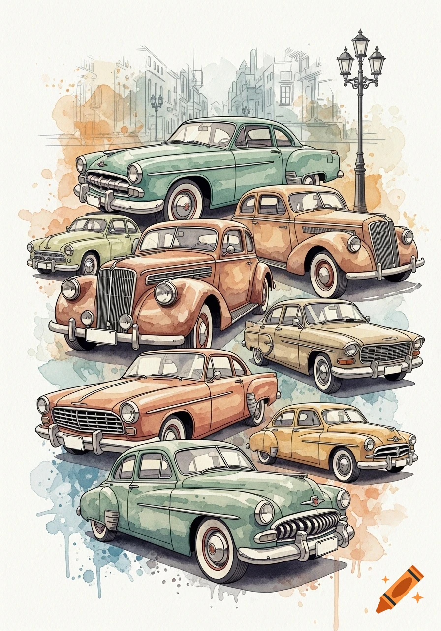 A watercolor illustration of a collage of vintage cars parked in a stylized street scene.