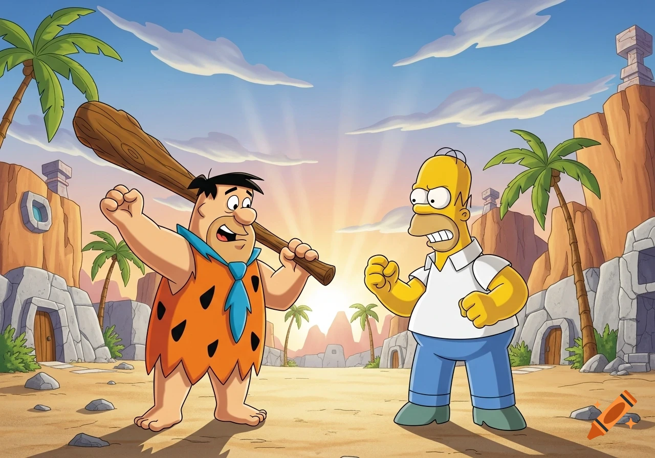 Fred Flintstone with a club confronts Homer Simpson in a cartoon desert landscape at sunrise.