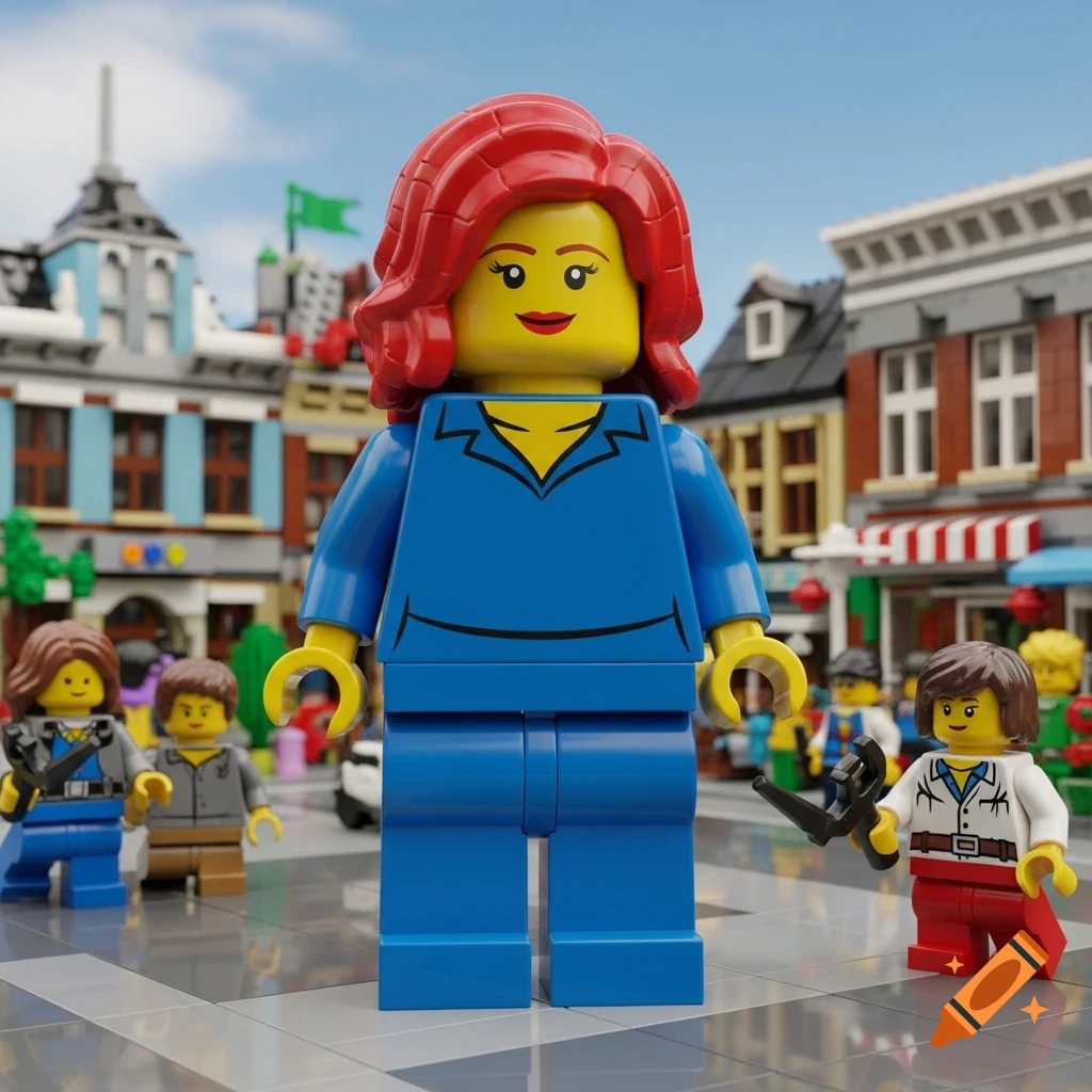 A large Lego woman with red hair and a blue outfit stands prominently in a detailed Lego city scene with other smaller Lego figures.
