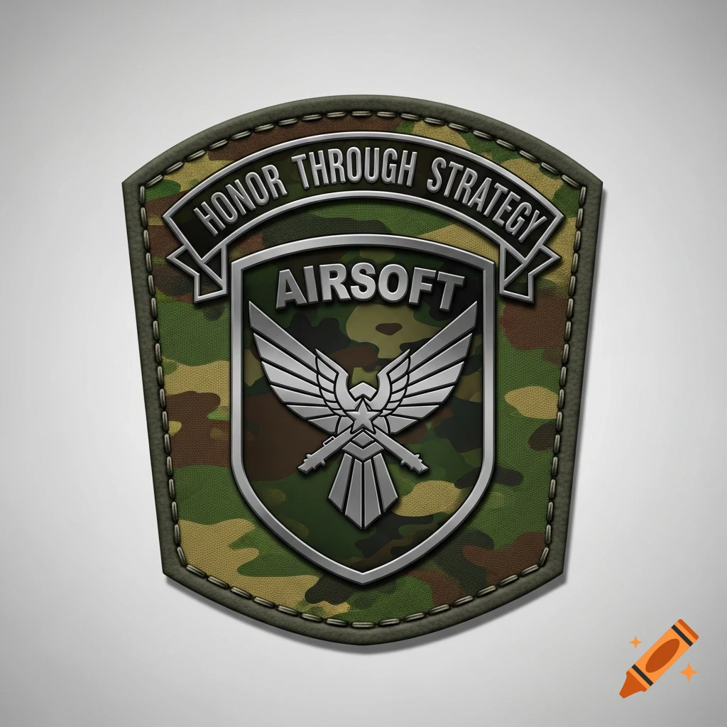 A shield-shaped airsoft patch with a camouflage background, a silver eagle crest, and text 'HONOR THROUGH STRATEGY' and 'AIRSOFT'.