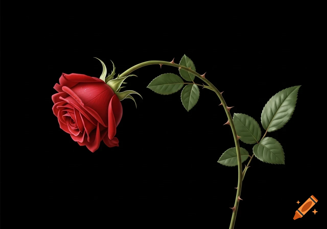A single vibrant red rose with a thorny, curved stem and green leaves ...