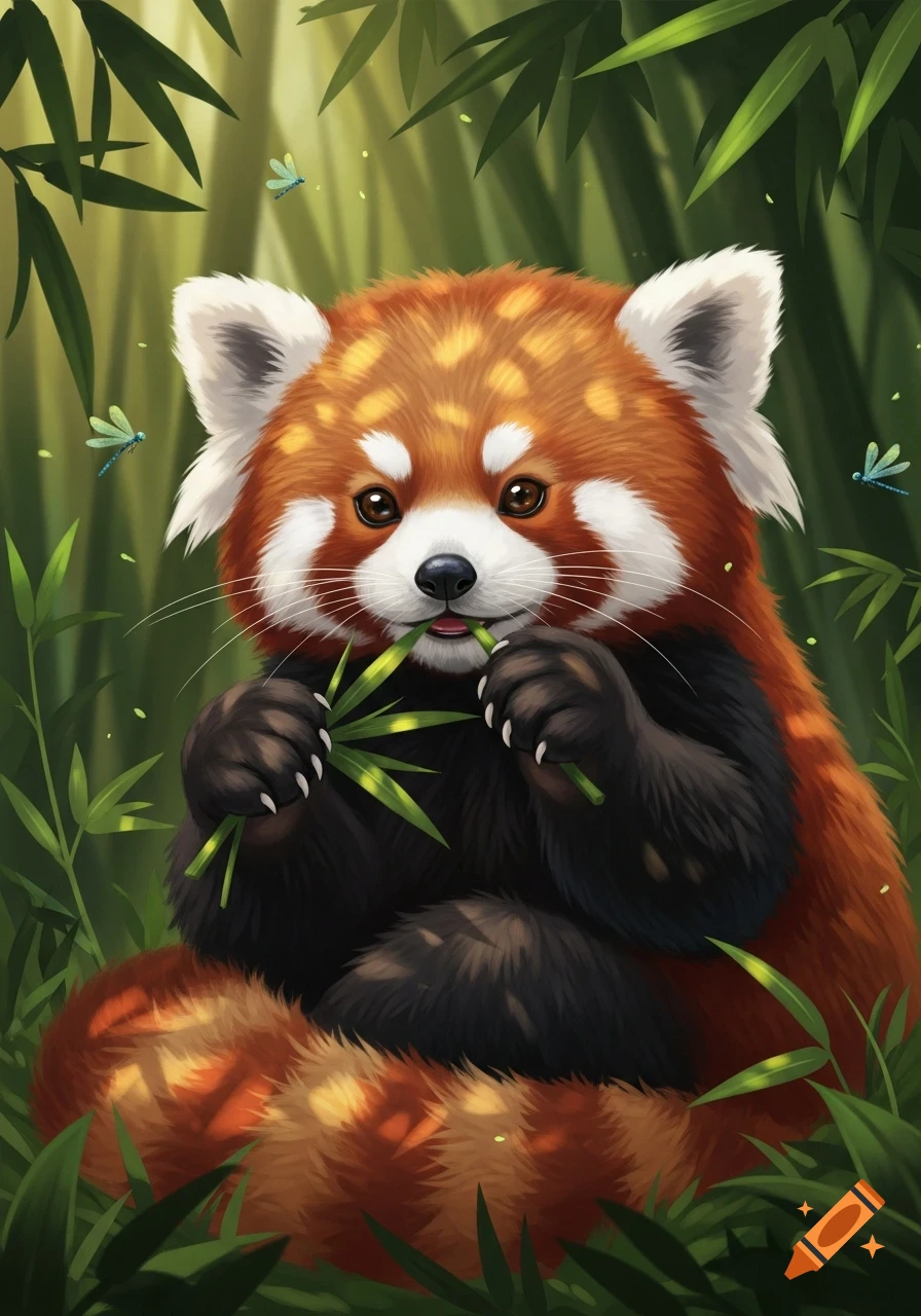 A cute illustrated red panda sits in a bamboo forest, eating bamboo leaves. Dragonflies flutter nearby.