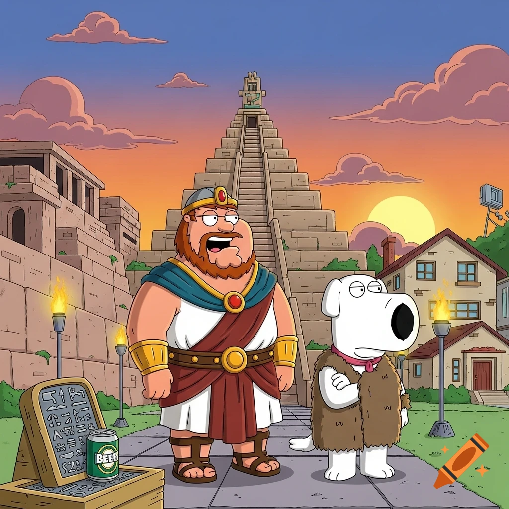 Peter Griffin as a bearded king and Brian as a caveman dog stand before an ancient pyramid and modern houses at sunset, with a beer can and an illegible tablet nearby, in Family Guy cartoon style.