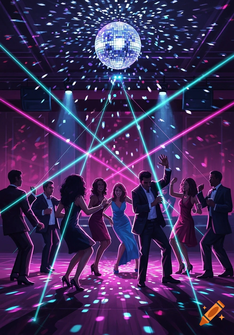 People dancing at a disco with a mirror ball, laser lights, and falling confetti in a vibrant, stylized manner.