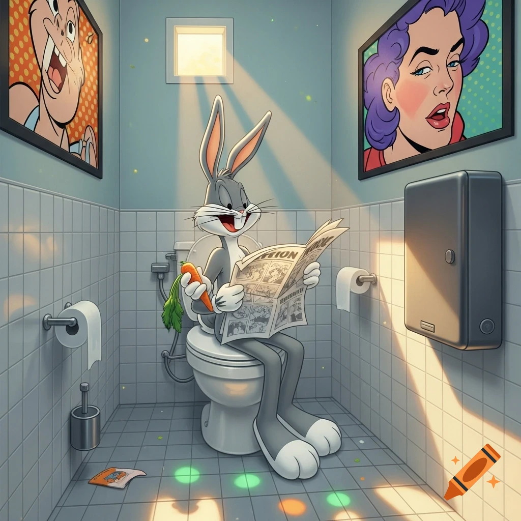Bugs Bunny sits on a toilet, reading a newspaper and holding a carrot, in a tiled bathroom with pop art posters.