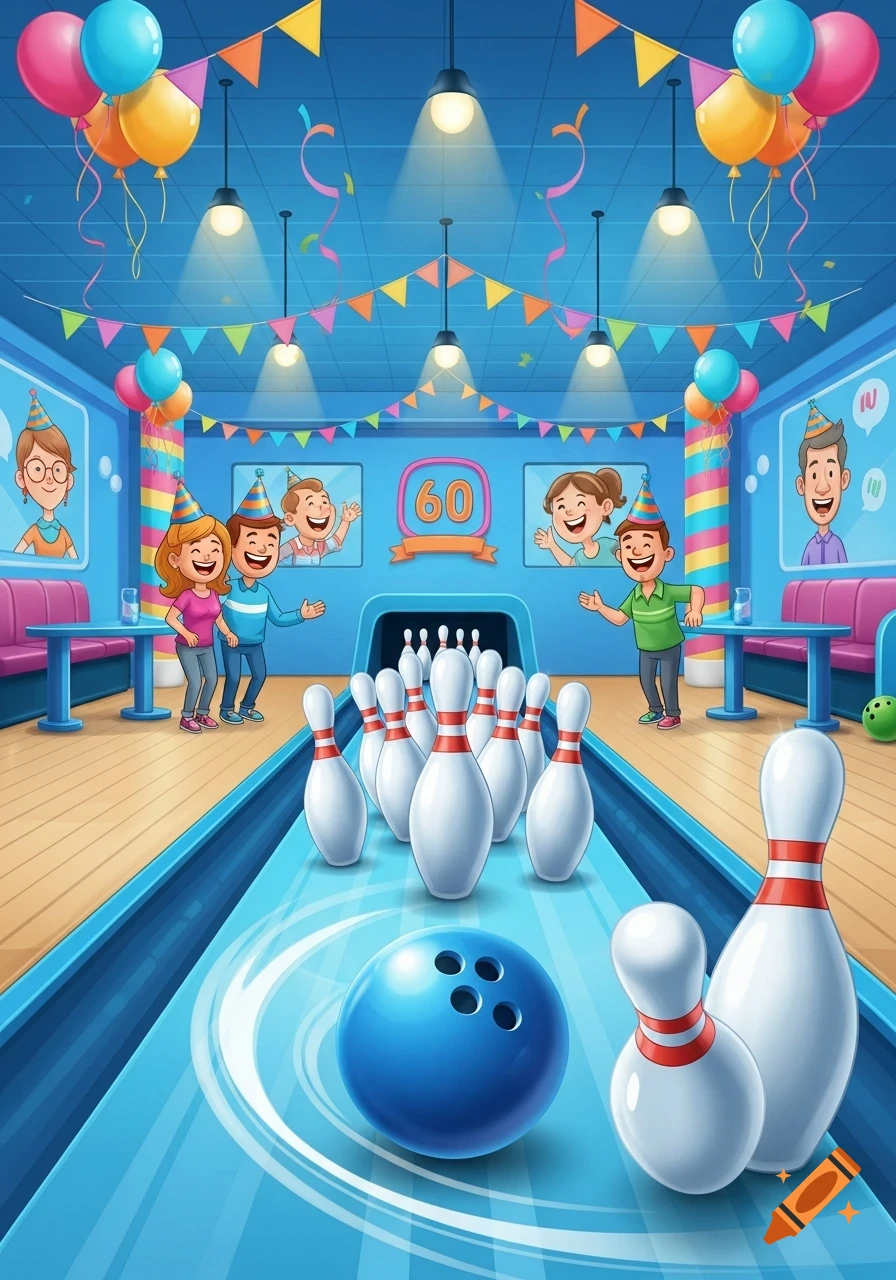 A cartoon illustration of a lively birthday party at a bowling alley, with a blue bowling ball rolling towards pins and guests celebrating.