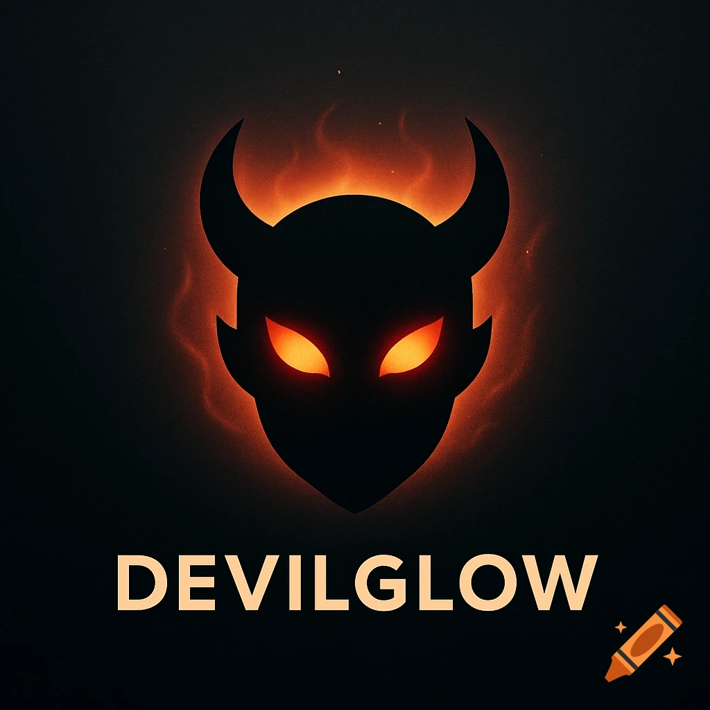 A black devil head silhouette with glowing orange eyes and a fiery orange aura, above the word 'DEVILGLOW'.