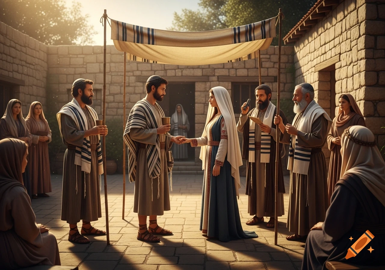 A Jewish betrothal ceremony in 1st-century Judea, with a couple under a canopy, surrounded by family.