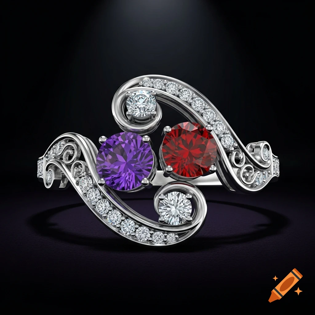 A silver ring with a twisted design, featuring large round purple and red gemstones, accented with smaller clear diamonds on a dark background.