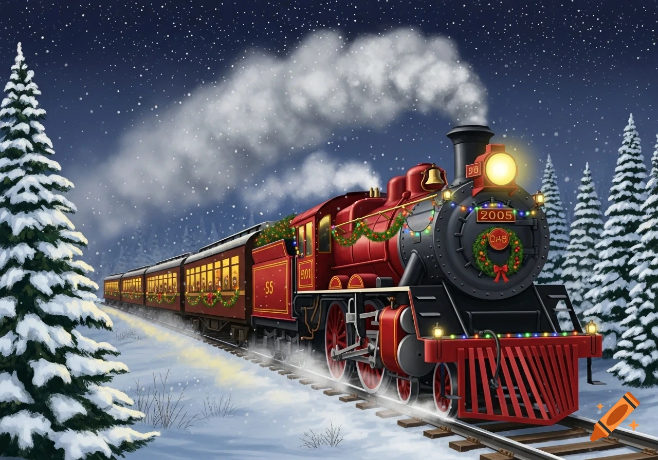 A festive red Christmas train travels through a snowy landscape at night, adorned with wreaths and colorful lights.