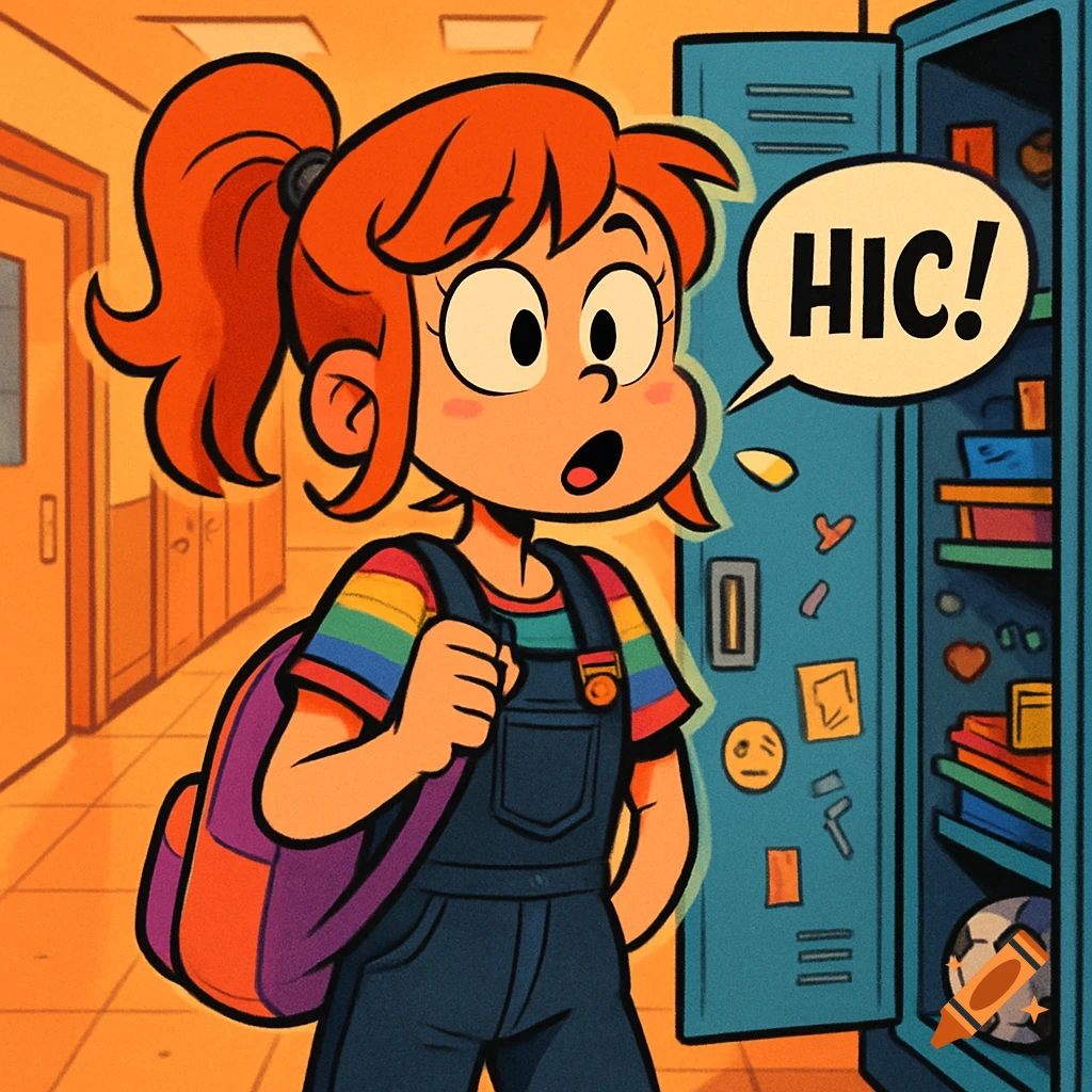 A cartoon girl with red hair, wearing a rainbow shirt and overalls, hiccups in a school hallway next to a locker.