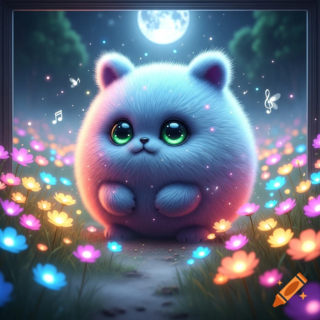 A fluffy, light blue creature with big green eyes sits in a field of glowing flowers under a full moon, with musical notes floating around.