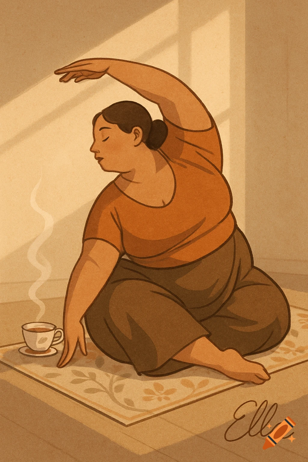 Illustrated woman with a bun, doing a yoga pose on a mat next to a steaming cup of tea, in warm, soft lighting.