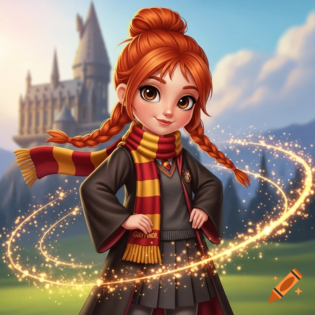 A cartoon redhead girl in a Gryffindor uniform stands in front of a castle, surrounded by magic sparkles.