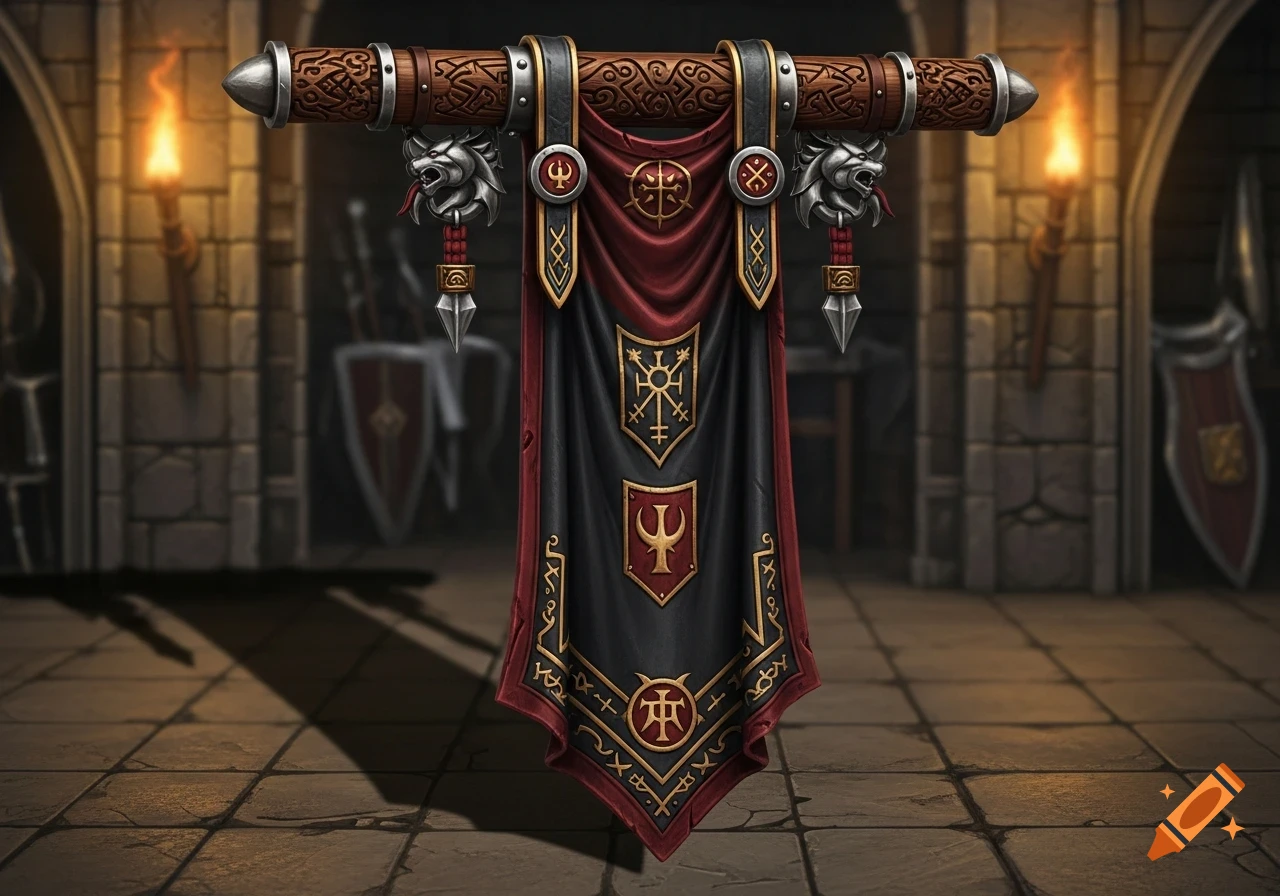 A detailed dark fantasy banner, red and black with gold trim and wolf head decorations, hanging from a wooden pole in a stone dungeon.